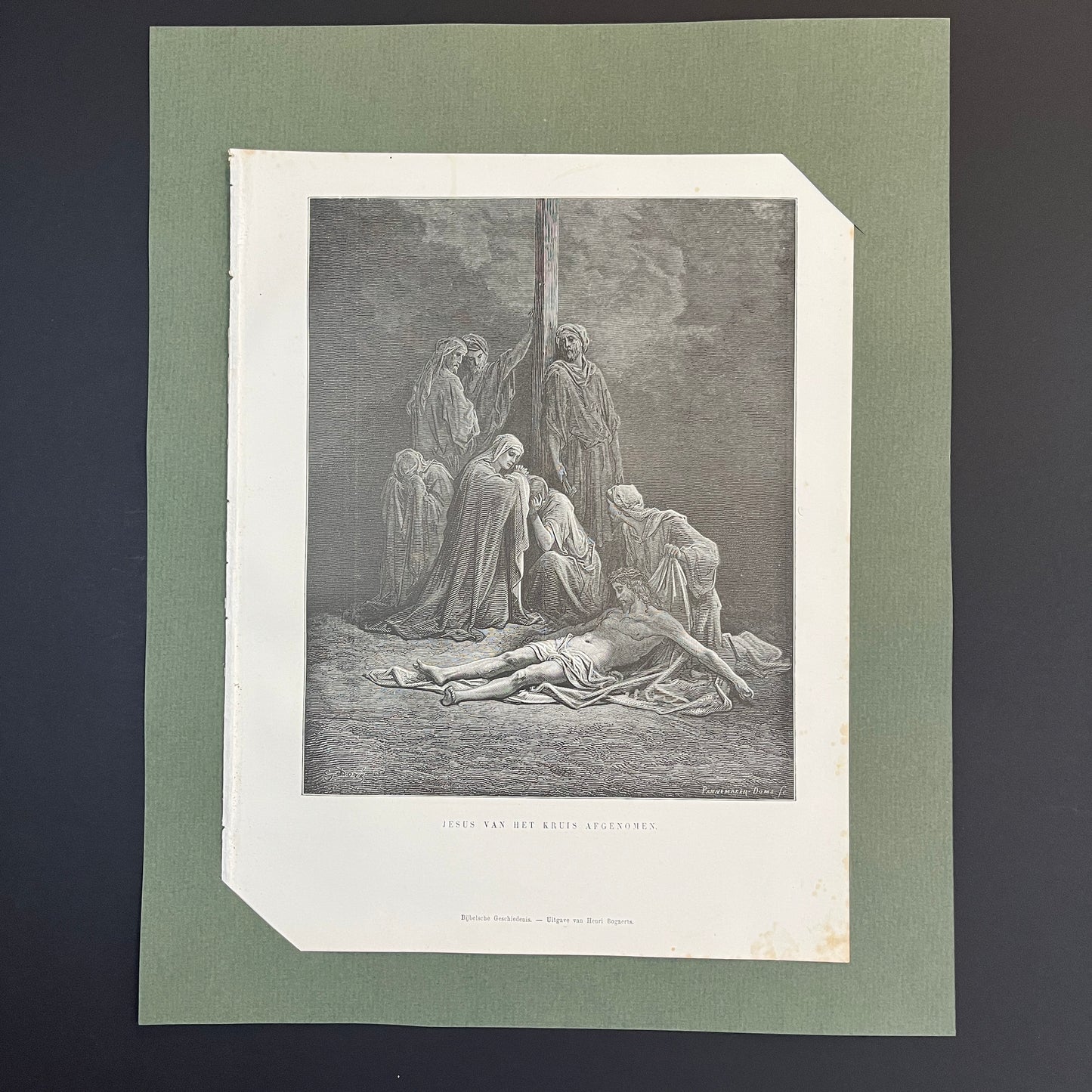 Jesus van het kruis afgenomen. Originele houtgravure van Gustave Doré uit 1875.