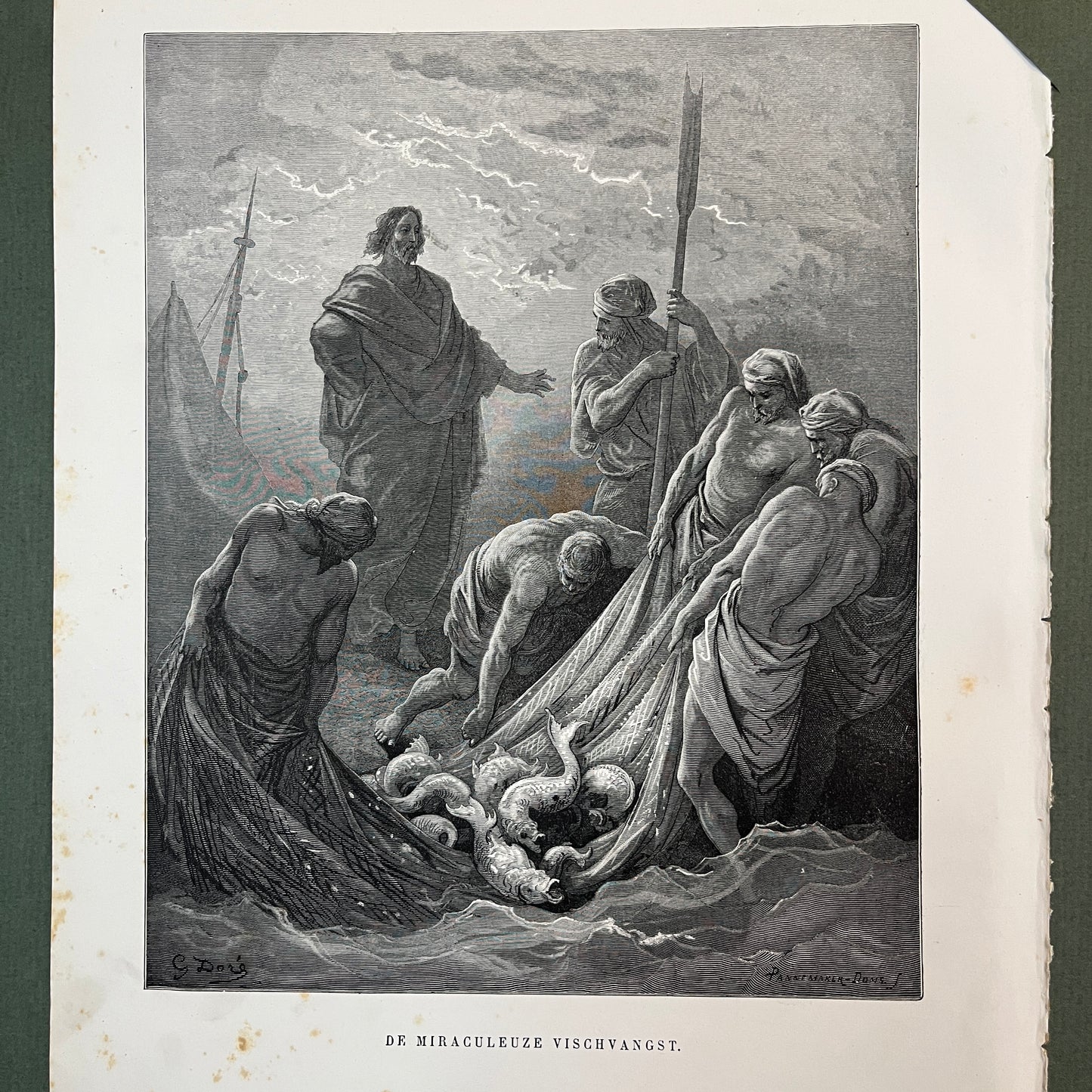 De miraculeuze vischvangst. Originele houtgravure van Gustave Doré uit 1875.