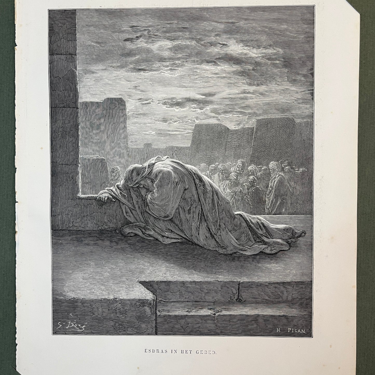 Esdras in het gebed. Originele houtgravure van Gustave Doré uit 1875.