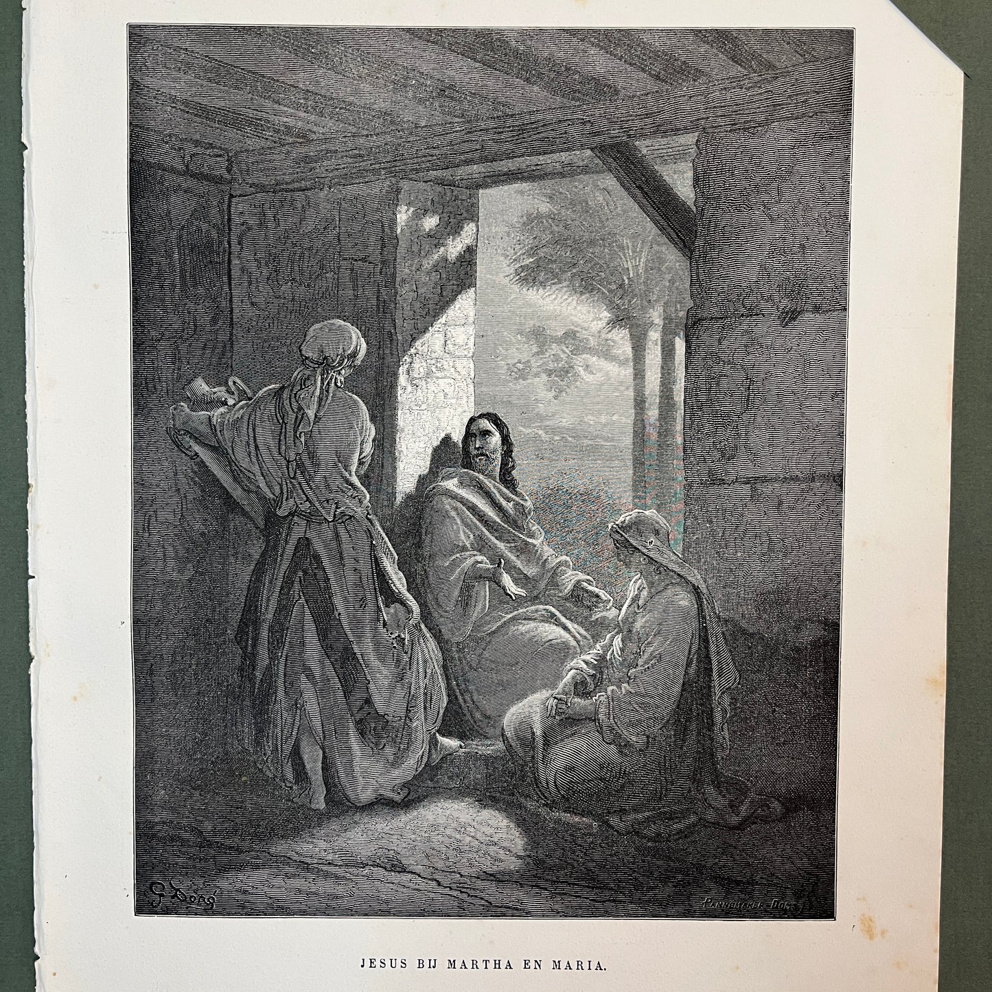 Jesus bij Martha en Maria. Originele houtgravure van Gustave Doré uit 1875.