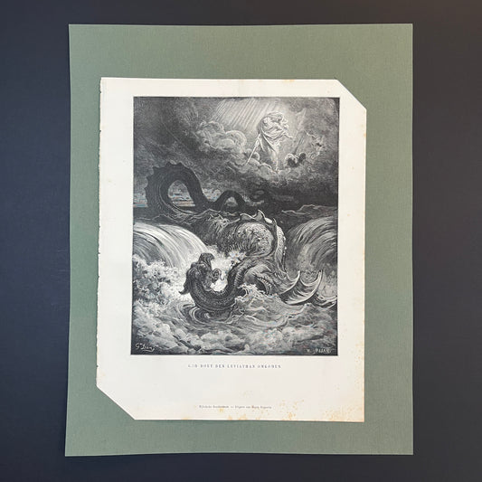 God doet den Leviathan omkomen. Originele houtgravure van Gustave Doré uit 1875.