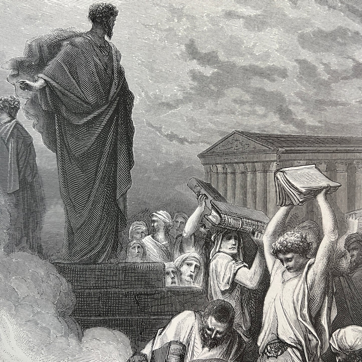 Burning of the Magic Books at Ephesus. Original wood engraving by Gustave Doré from 1875.