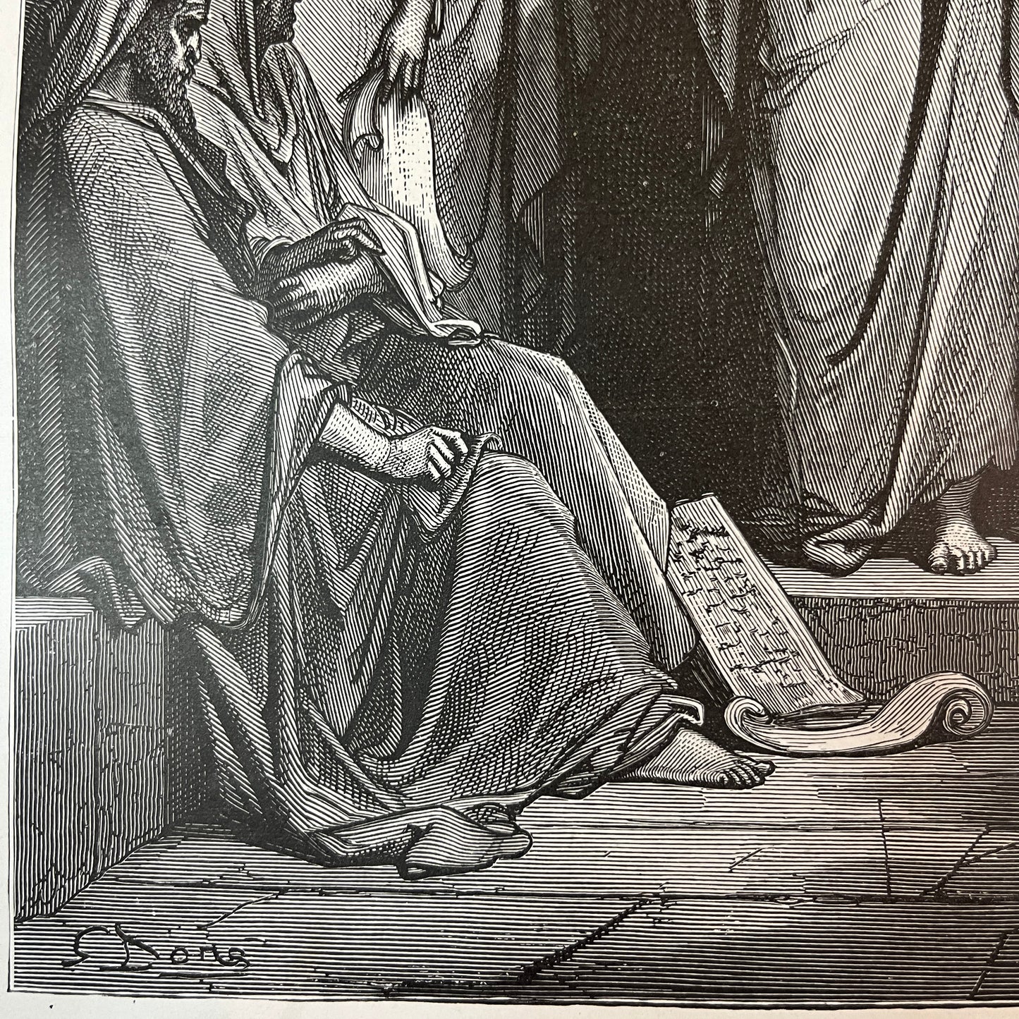 Jesus onder de schriftgeleerden. Originele houtgravure van Gustave Doré uit 1875.