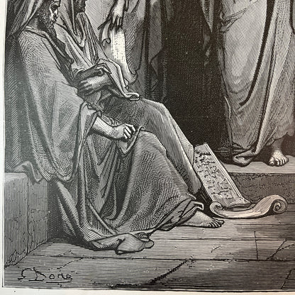 Jesus among the Scribes. Original wood engraving by Gustave Doré from 1875.