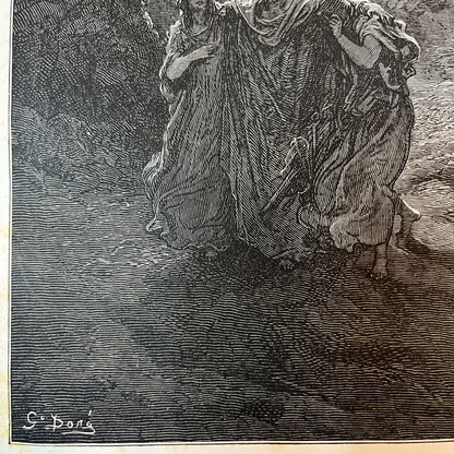 Lot's vlucht. Originele houtgravure van Gustave Doré uit 1875.