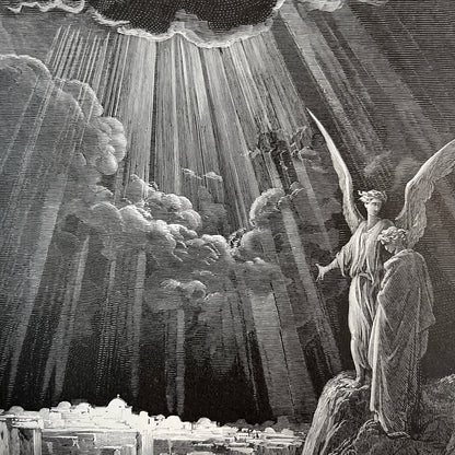 Ein Engel zeigt Johannes das himmlische Jerusalem. Original Holzstich von Gustave Doré aus dem Jahr 1875.