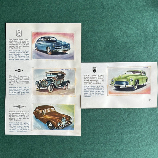 4 Autoplaatjes: DKW, Ford, Chevrolet, Sunbeam
