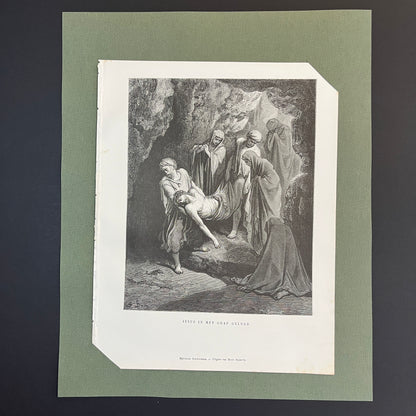 Jesus in het graf gelegd. Originele houtgravure van Gustave Doré uit 1875.