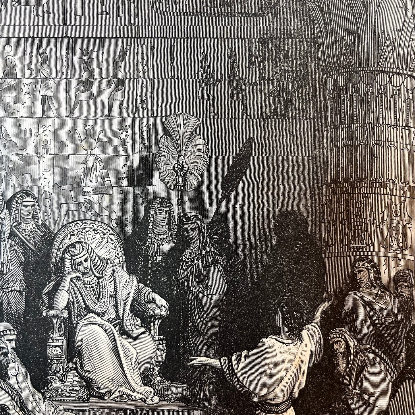 Joseph interprets Pharaoh's dreams. Original wood engraving by Gustave Doré from 1875.