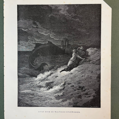 Jonah wird vom Wal hinausgeworfen. Original Holzstich von Gustave Doré aus dem Jahr 1875.