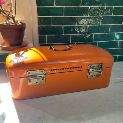 Vintage emaille broodtrommel oranje