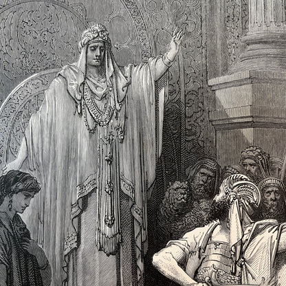 Solomon's first law. Original wood engraving by Gustave Doré from 1875.