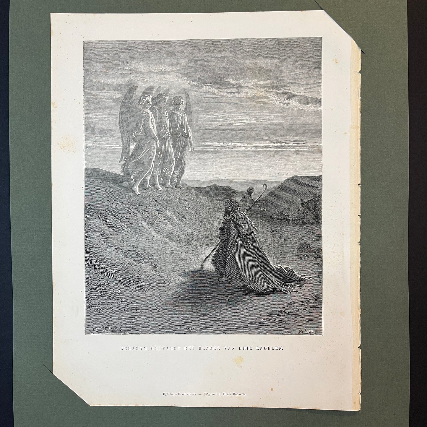 Abraham receives the visit of three angels. Original wood engraving by Gustave Doré from 1875.