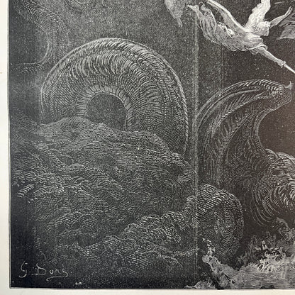 Michael en zijne engelen strijden met den draak. Originele houtgravure van Gustave Doré uit 1875.