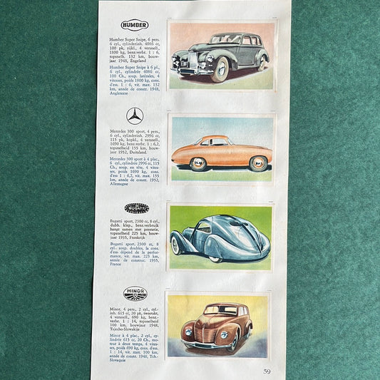 4 Autoplaatjes: Humber, Mercedes, Bugatti, Minor