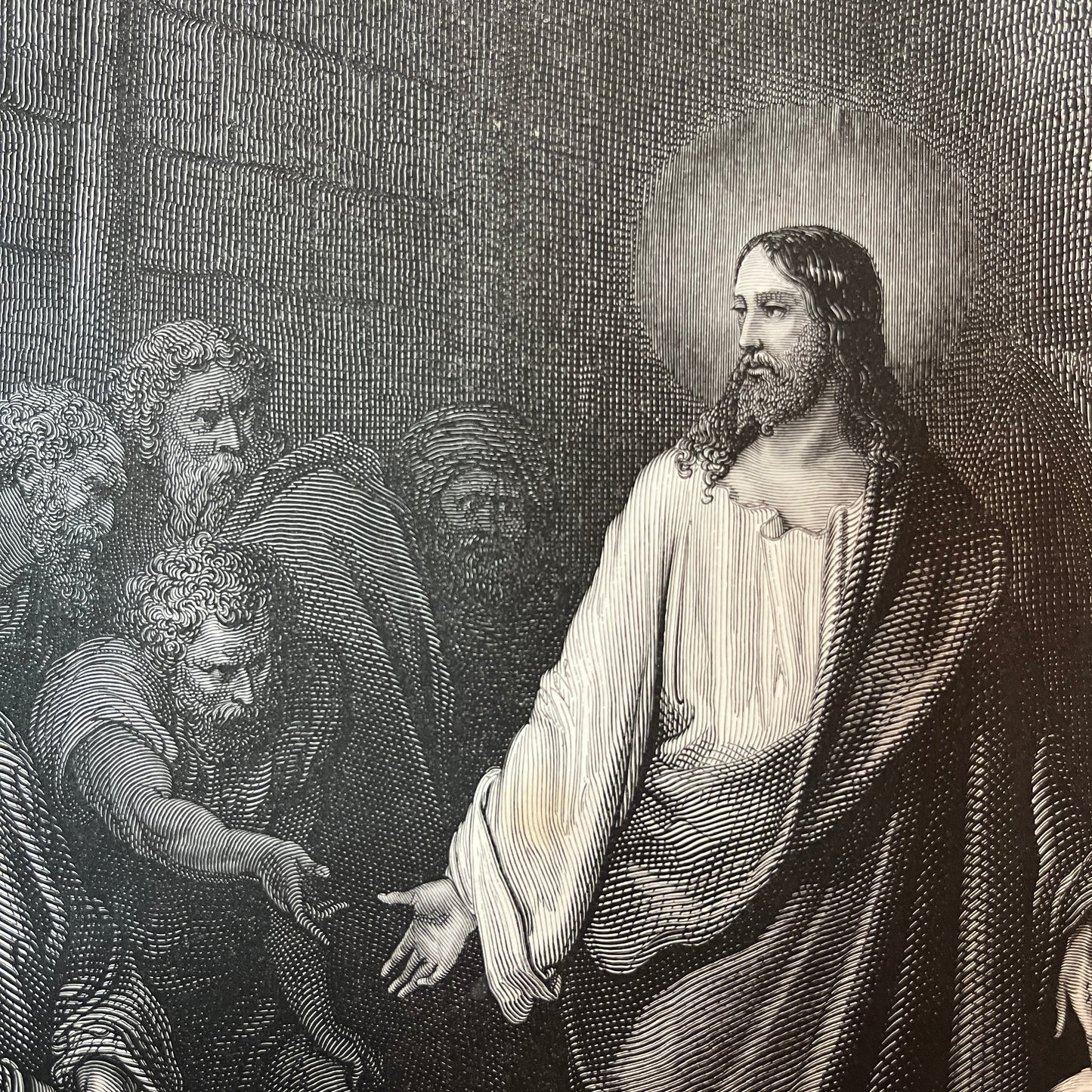 Jesus und die Ehebrecherin. Original Holzstich von Gustave Doré aus dem Jahr 1875.