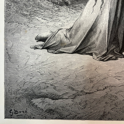 Mary Magdalene doing penance. Original wood engraving by Gustave Doré from 1875.