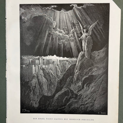 Ein Engel zeigt Johannes das himmlische Jerusalem. Original Holzstich von Gustave Doré aus dem Jahr 1875.