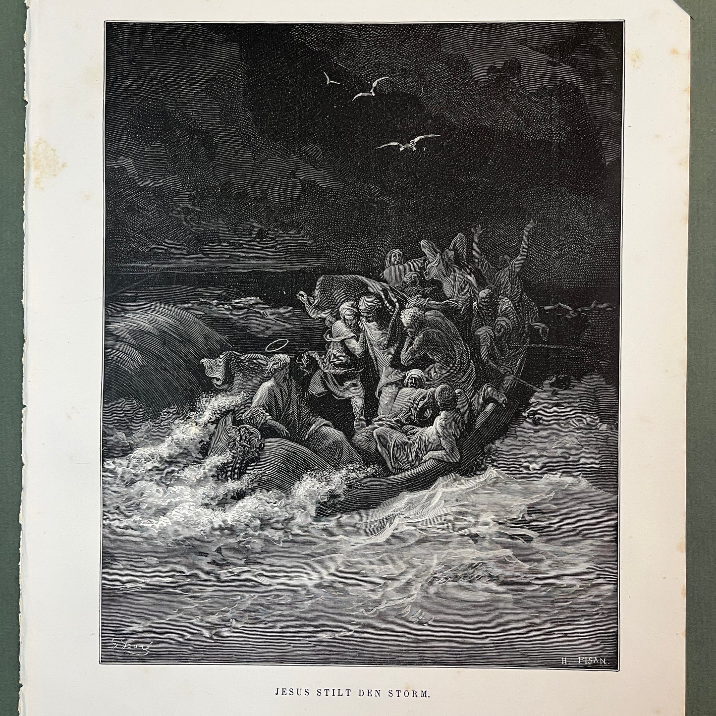 Jesus stilt den storm. Originele houtgravure van Gustave Doré uit 1875.