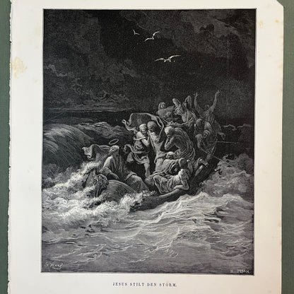 Jesus stilt den storm. Originele houtgravure van Gustave Doré uit 1875.