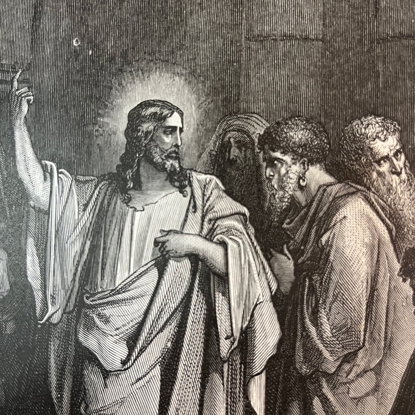 Jesus among the Scribes. Original wood engraving by Gustave Doré from 1875.