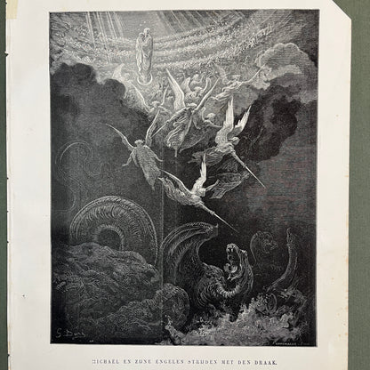 Michael and his angels fighting the dragon. Original wood engraving by Gustave Doré from 1875.