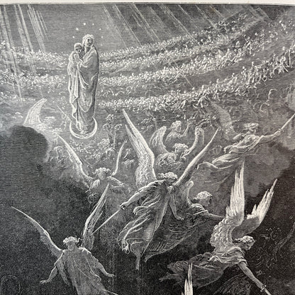 Michael en zijne engelen strijden met den draak. Originele houtgravure van Gustave Doré uit 1875.