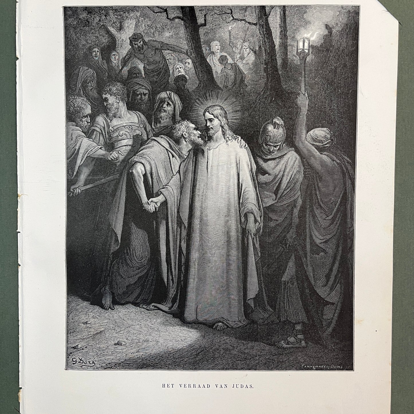 Het verraad van Judas. Originele houtgravure van Gustave Doré uit 1875.