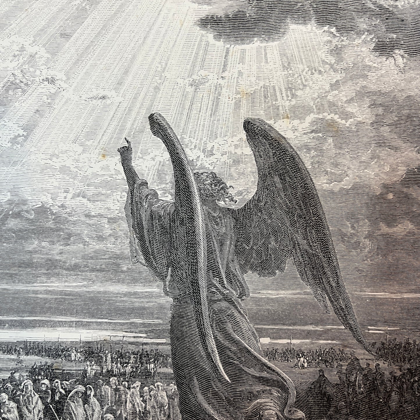 An angel appears to the children of Israel. Original wood engraving by Gustave Doré from 1875.