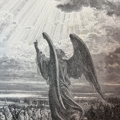 An angel appears to the children of Israel. Original wood engraving by Gustave Doré from 1875.