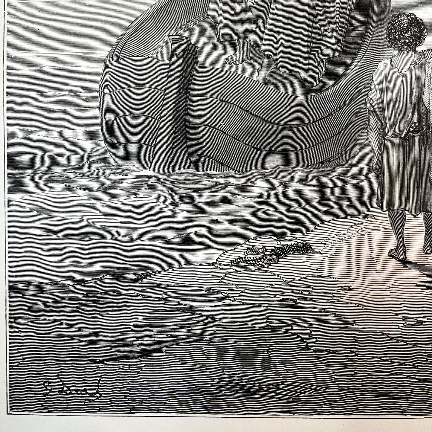 Jesus predikende op het meer van Galilea. Originele houtgravure van Gustave Doré uit 1875.