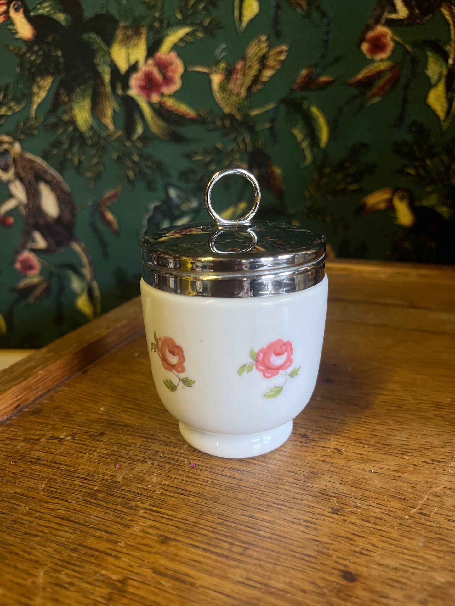 Vintage egg coddler groot roze roos