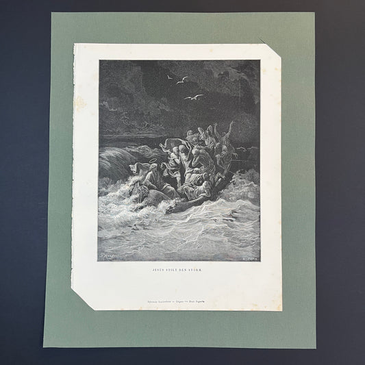 Jesus stilt den storm. Originele houtgravure van Gustave Doré uit 1875.