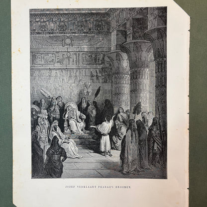 Josef deutet die Träume des Pharaos. Original Holzstich von Gustave Doré aus dem Jahr 1875.