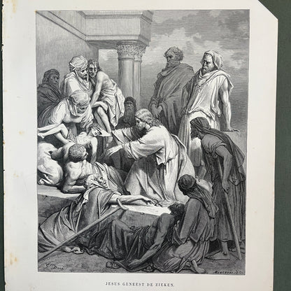 Jesus geneest de zieken. Originele houtgravure van Gustave Doré uit 1875.