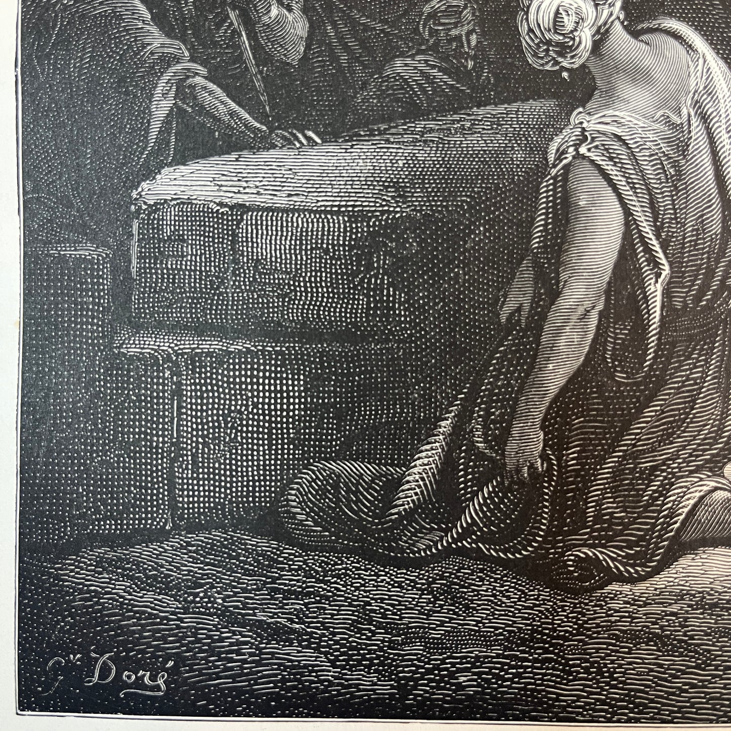 Judith shows the head of Holofernus. Original wood engraving by Gustave Doré from 1875.