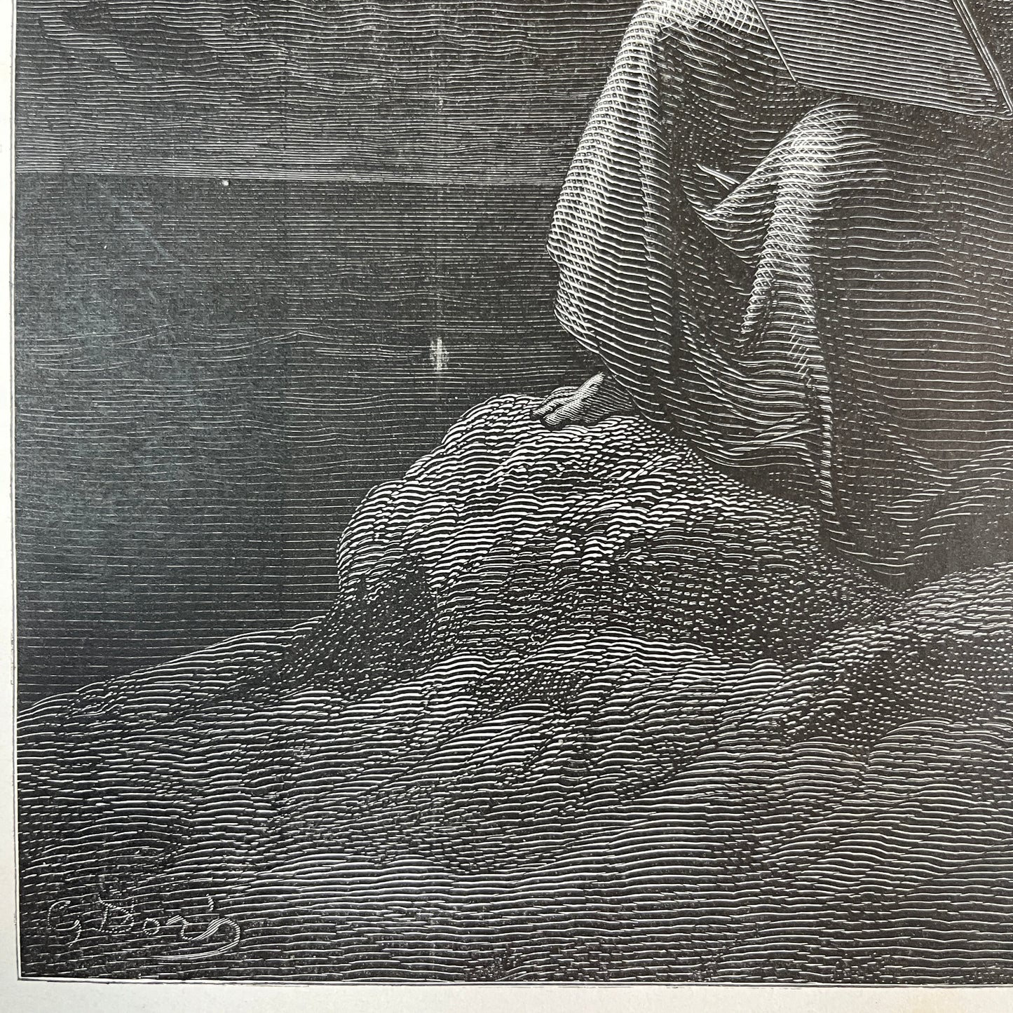 John on Patmos. Original wood engraving by Gustave Doré from 1875.