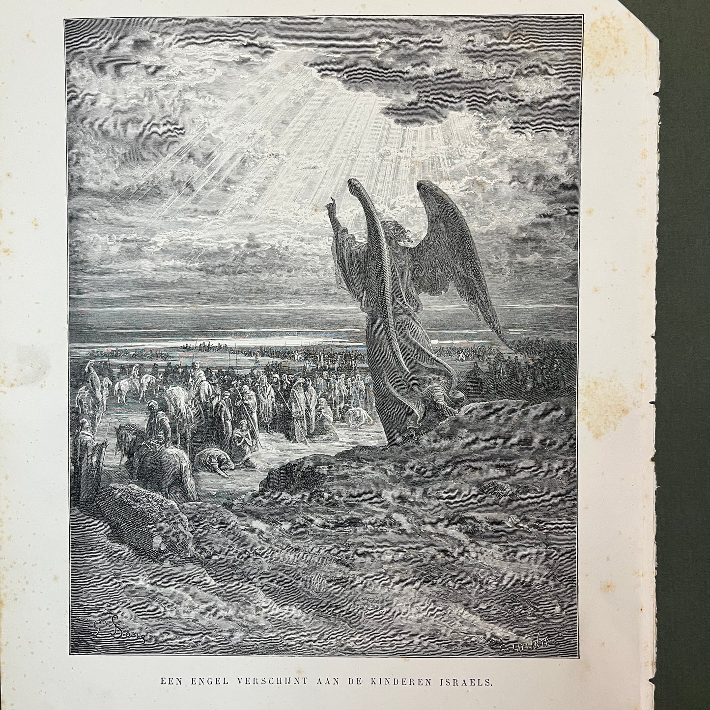 Een engel verschijnt aan de kinderen Israels. Originele houtgravure van Gustave Doré uit 1875.