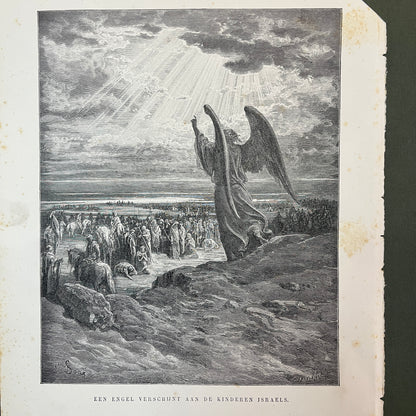 An angel appears to the children of Israel. Original wood engraving by Gustave Doré from 1875.