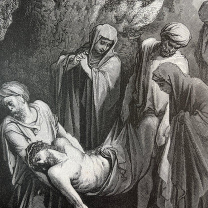 Jesus laid in the tomb. Original wood engraving by Gustave Doré from 1875.