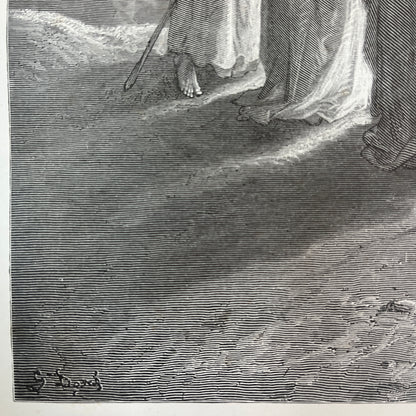 Jesus en de discipelen van Emaus. Originele houtgravure van Gustave Doré uit 1875.