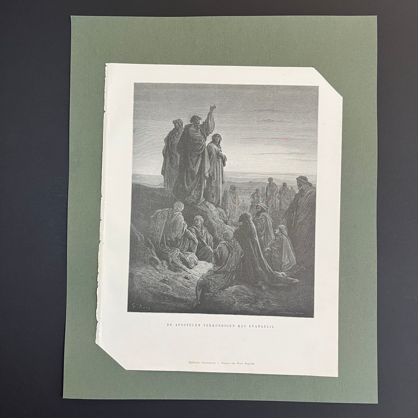 The apostles preaching the gospel. Original wood engraving by Gustave Doré from 1875.