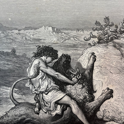 Samson verscheurt een leeuw. Originele houtgravure van Gustave Doré uit 1875.