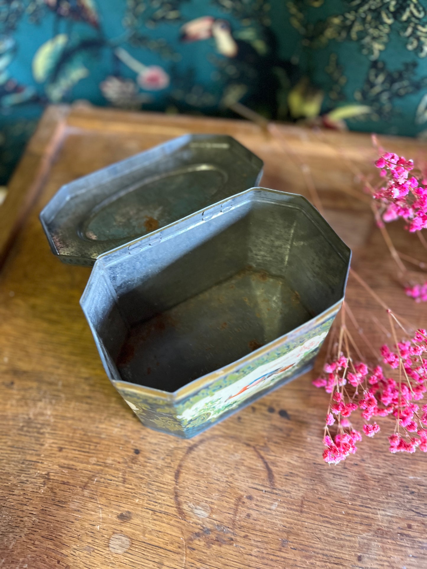 Antiek blik vogels en bloemen