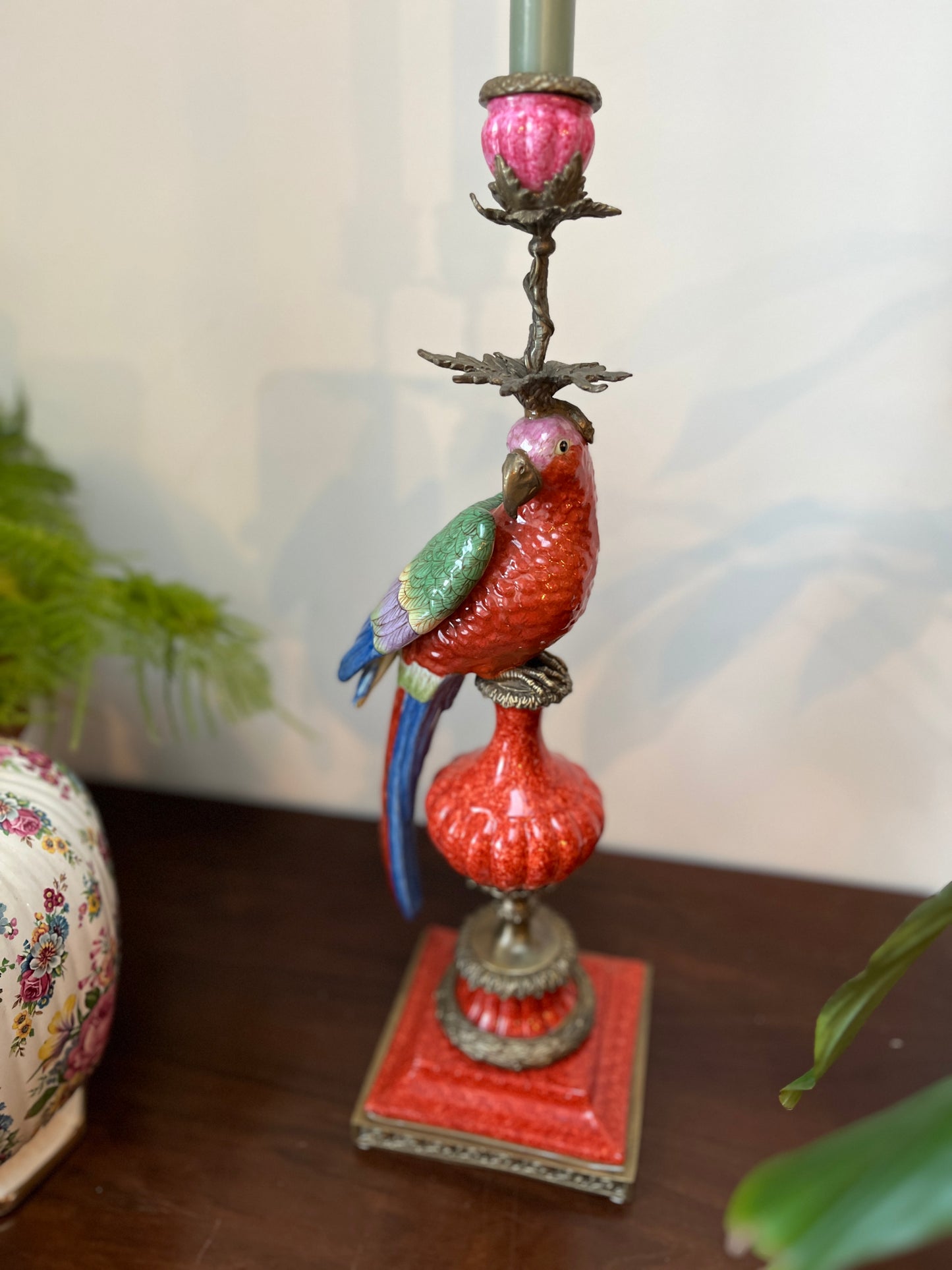 Kandelaar papegaai porselein en brons