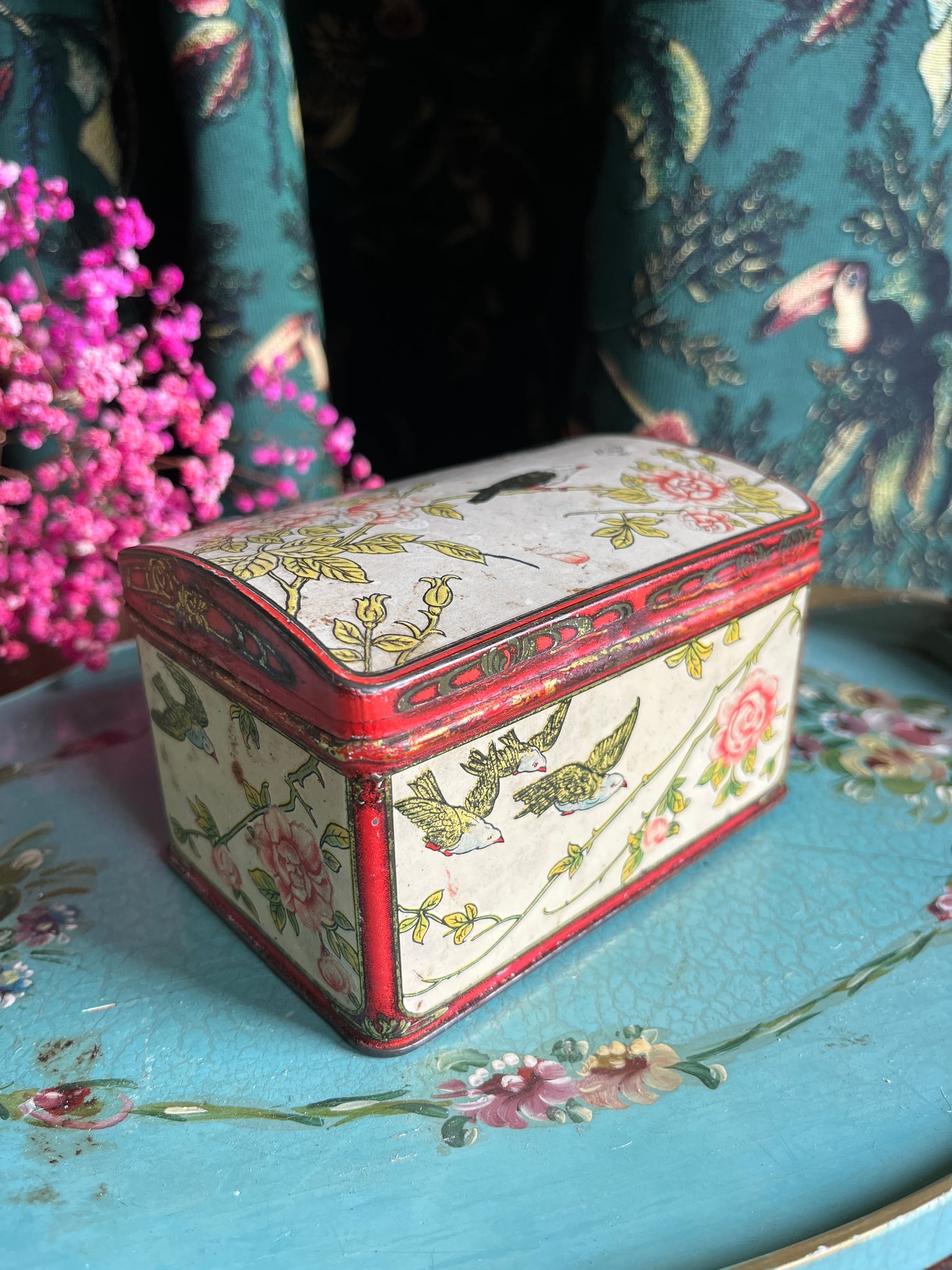 Antique tin with birds and roses