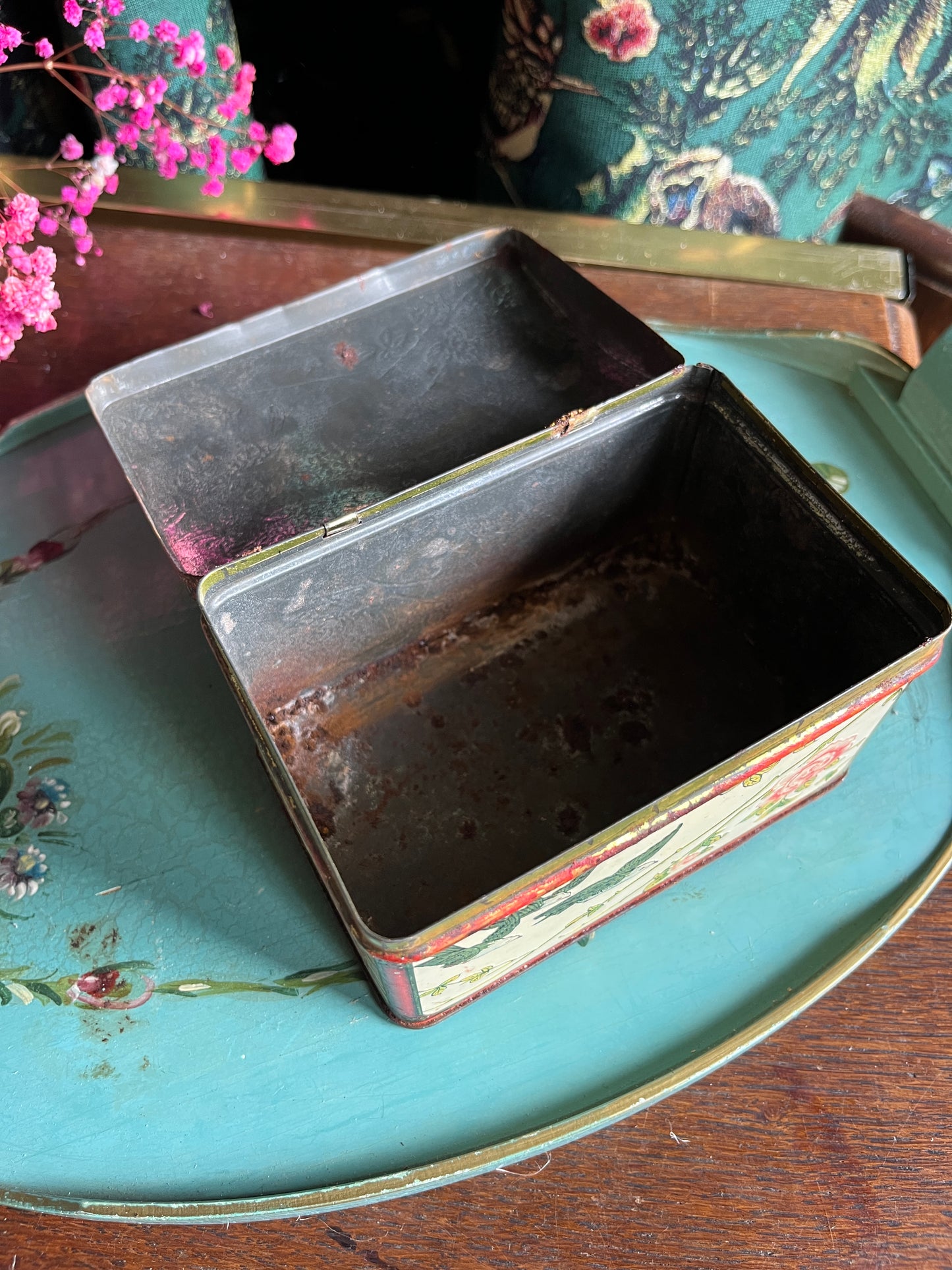 Antique tin with birds and roses