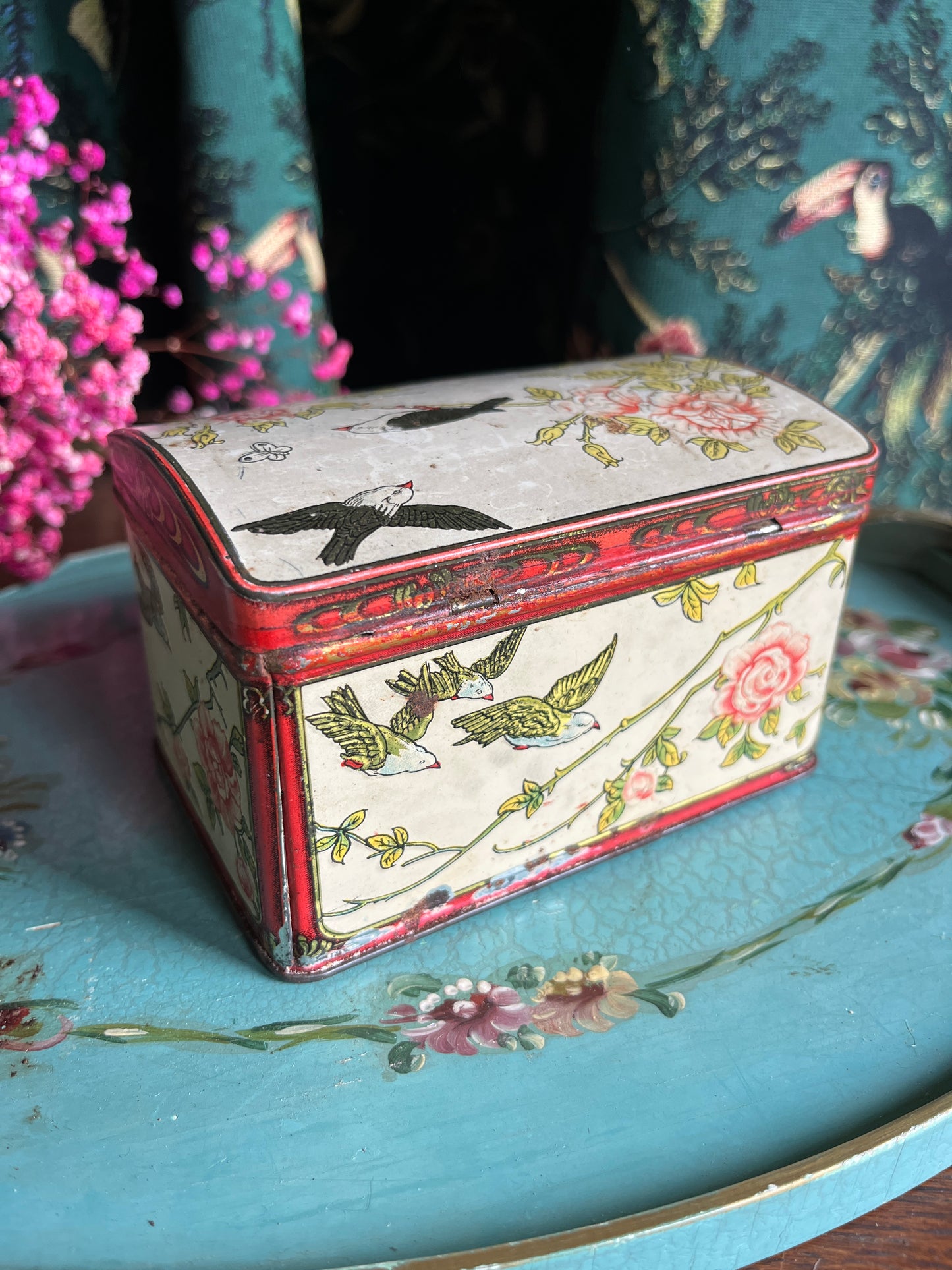 Antique tin with birds and roses